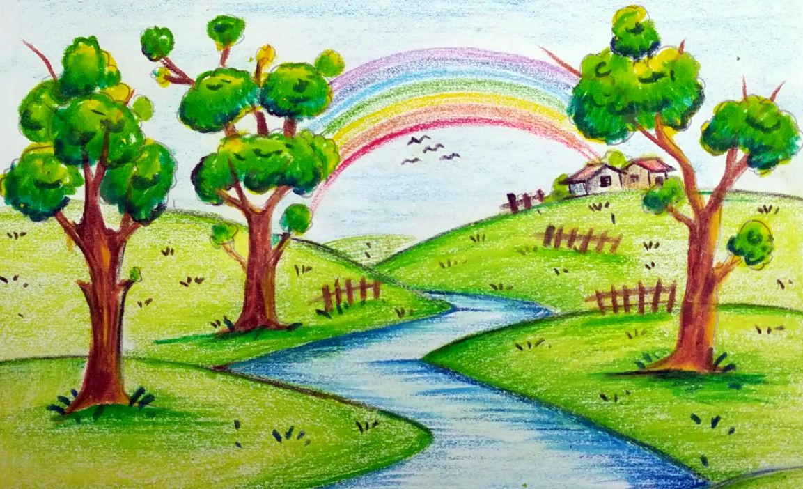 رسم منظر طبيعي للاطفال , لوحات من الطبيعه برسم الصغار حبيبي